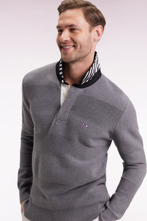 Pull col maillot en coton gris à effet de rayure - Image 3