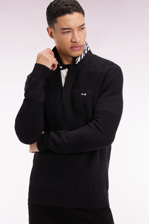 Pull col maillot en coton marine à effet de rayure - Image 3