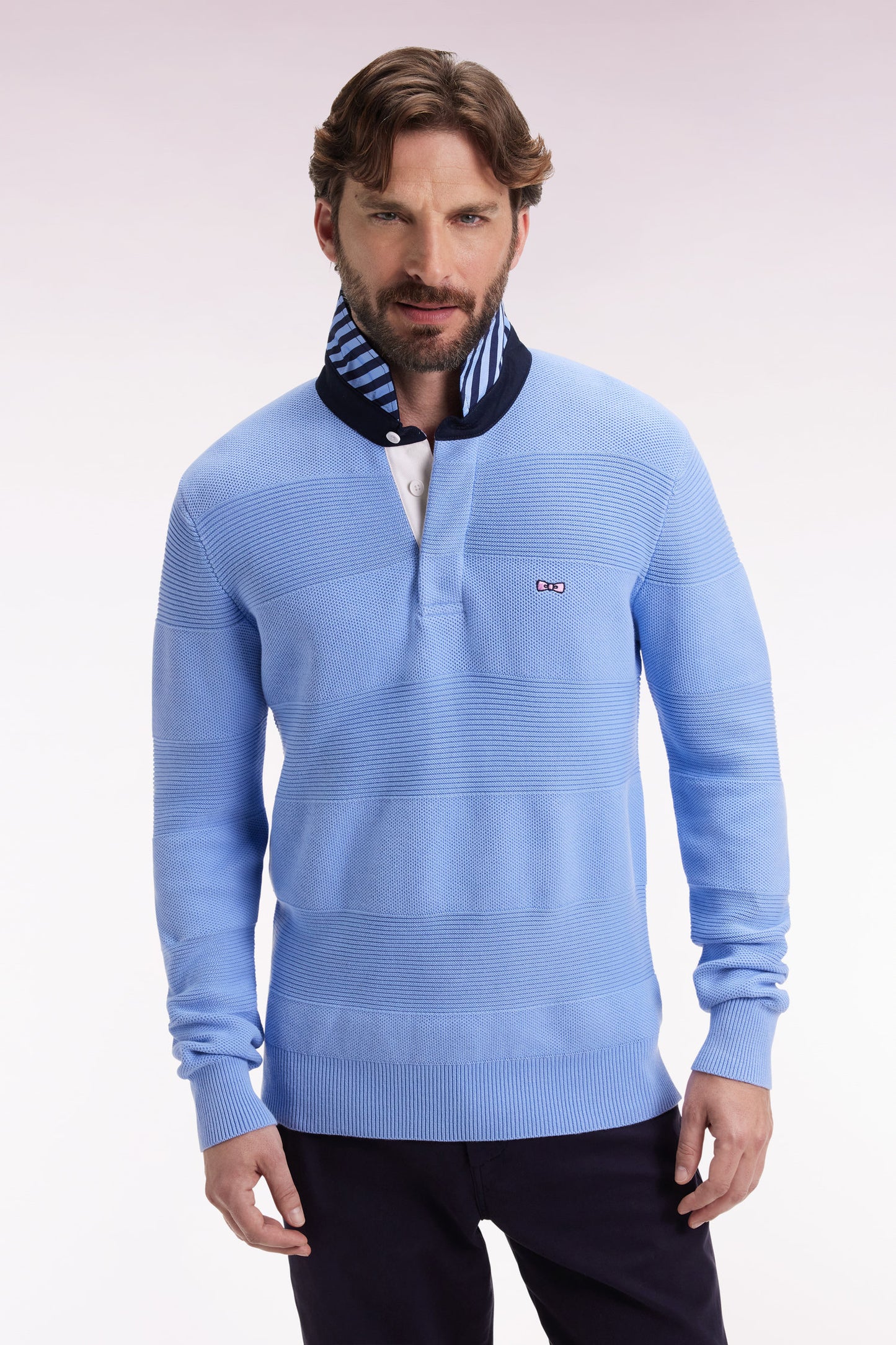 Pull col maillot en coton ciel à effet de rayure