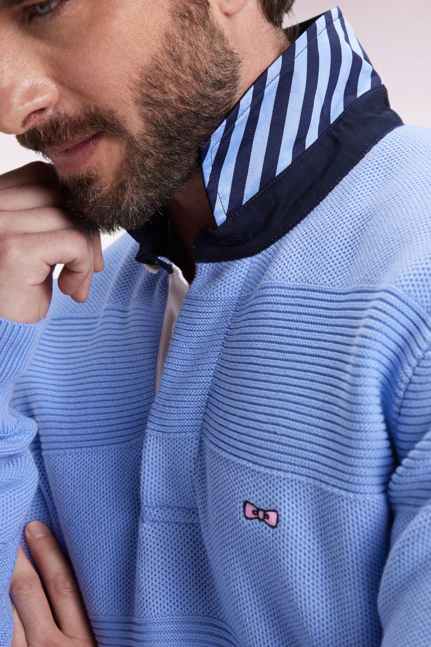 Pull col maillot en coton ciel à effet de rayure