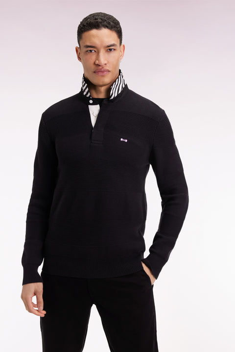 Pull col maillot en coton noir à effet de rayure - Image 1