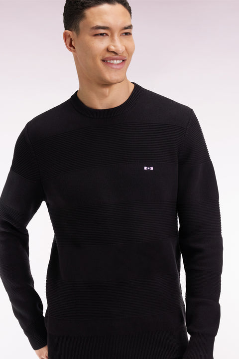 Pull col rond en coton noir à effet de rayure - Image 3