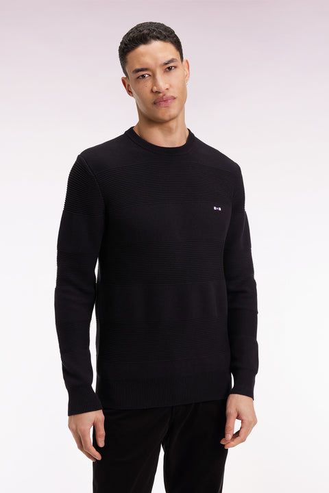Pull col rond en coton noir à effet de rayure - Image 1