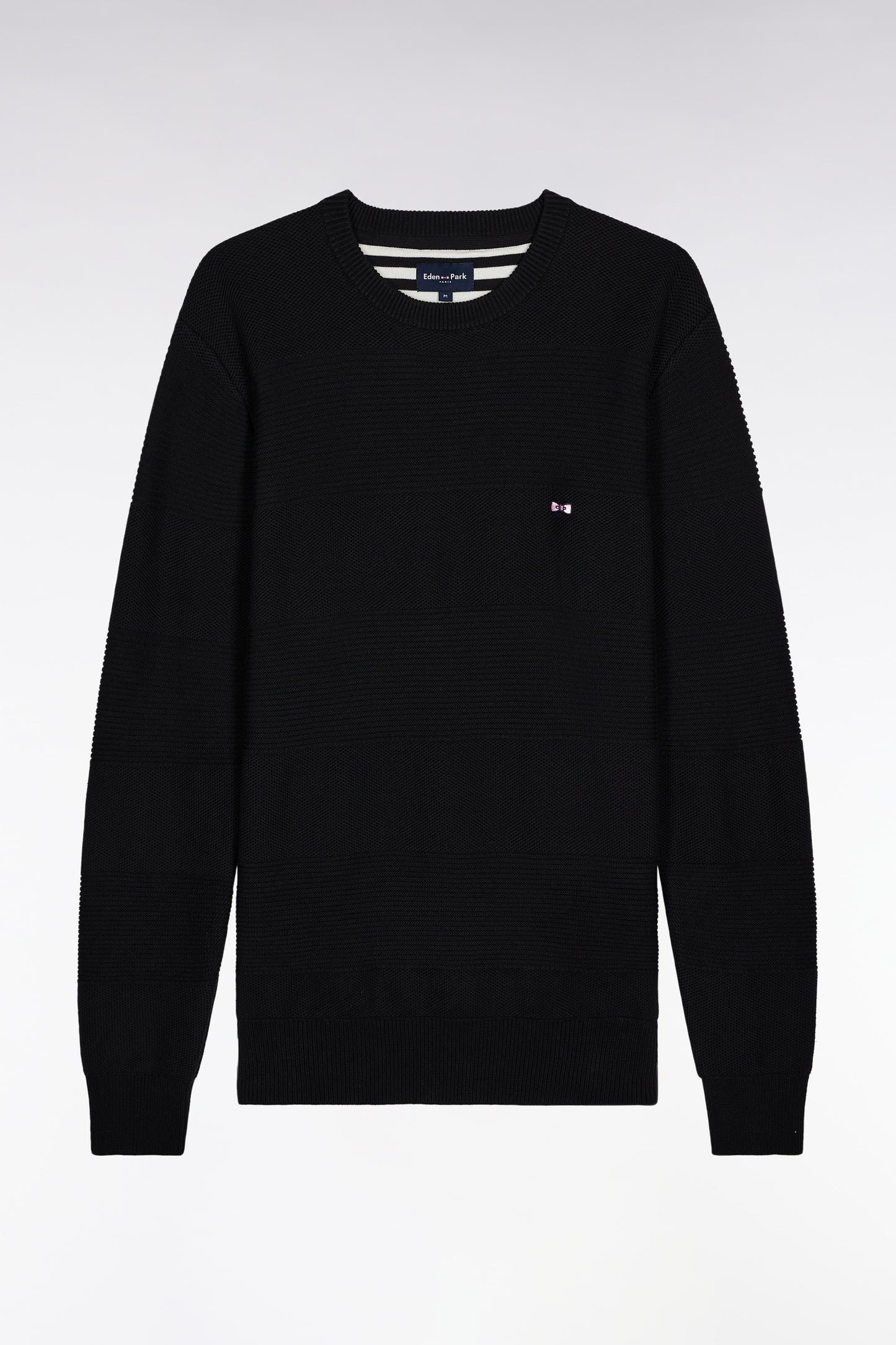 Pull col rond en coton noir à effet de rayure