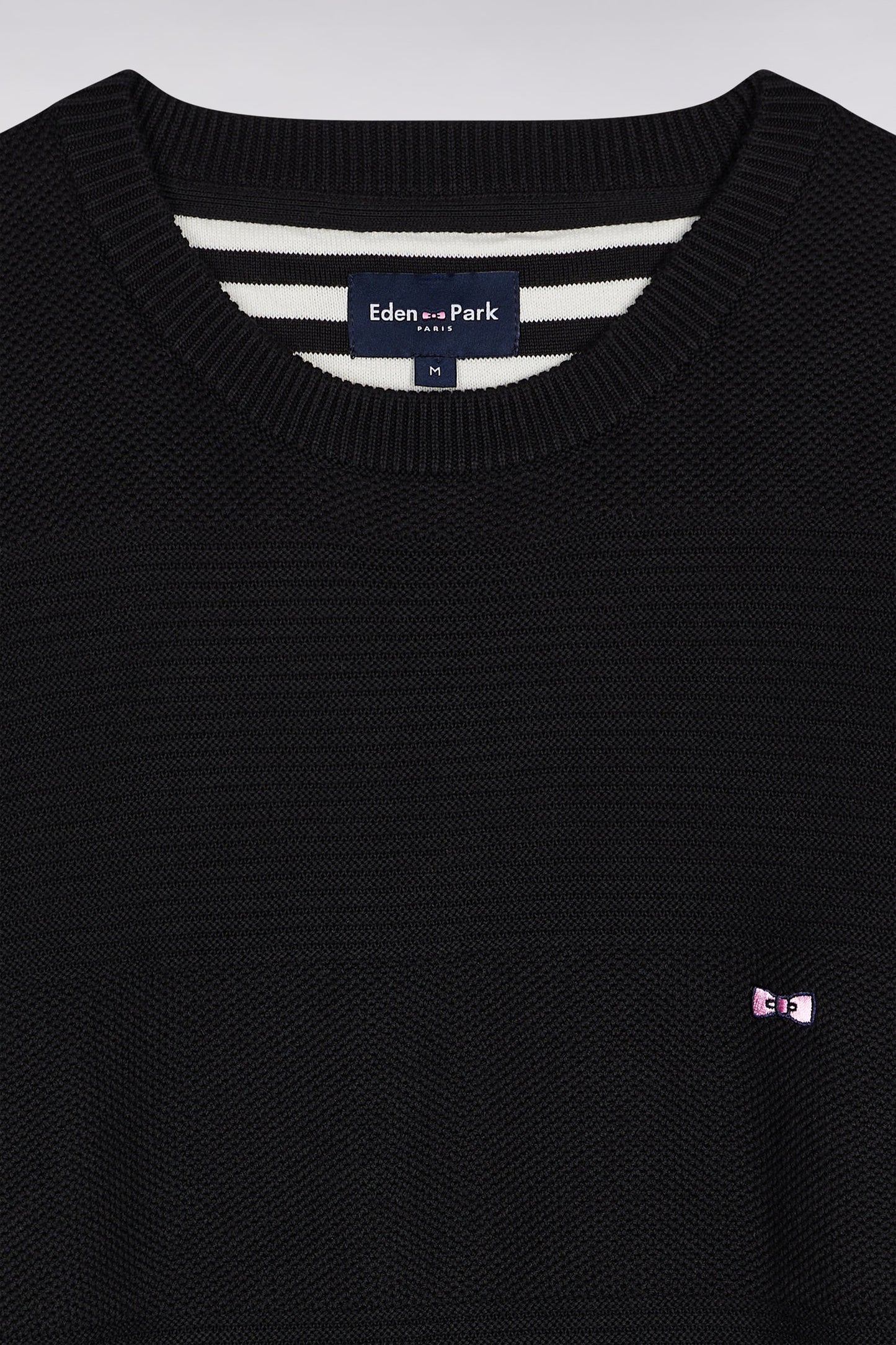 Pull col rond en coton noir à effet de rayure