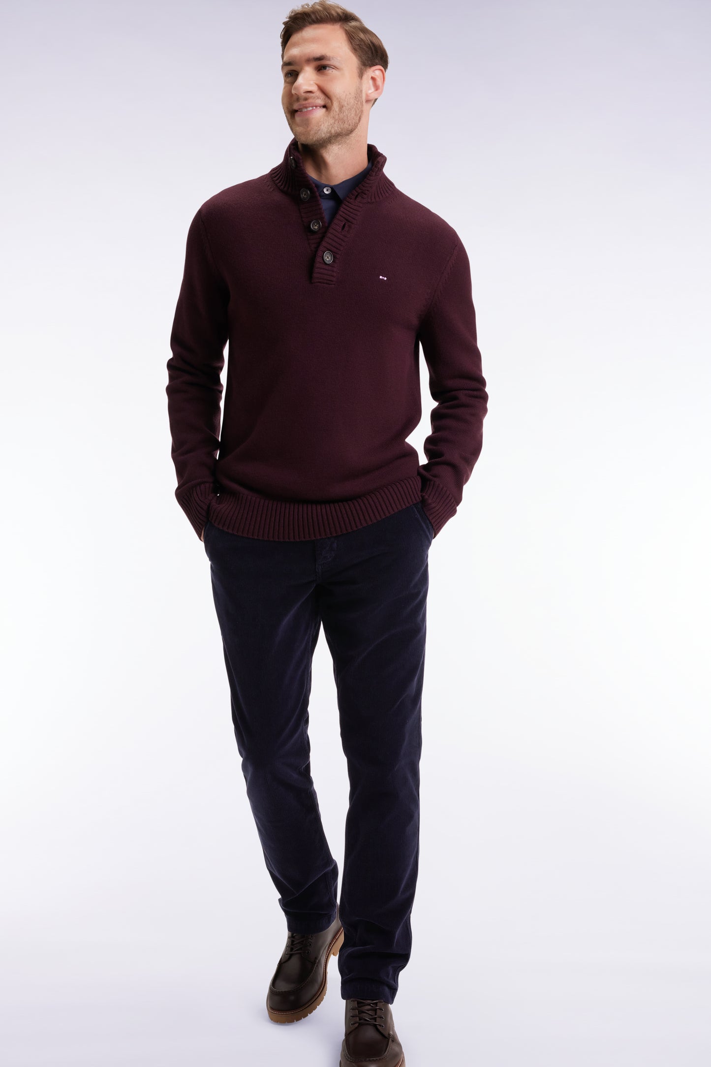 Chunky high-neck sweater in burgundy wool and cotton