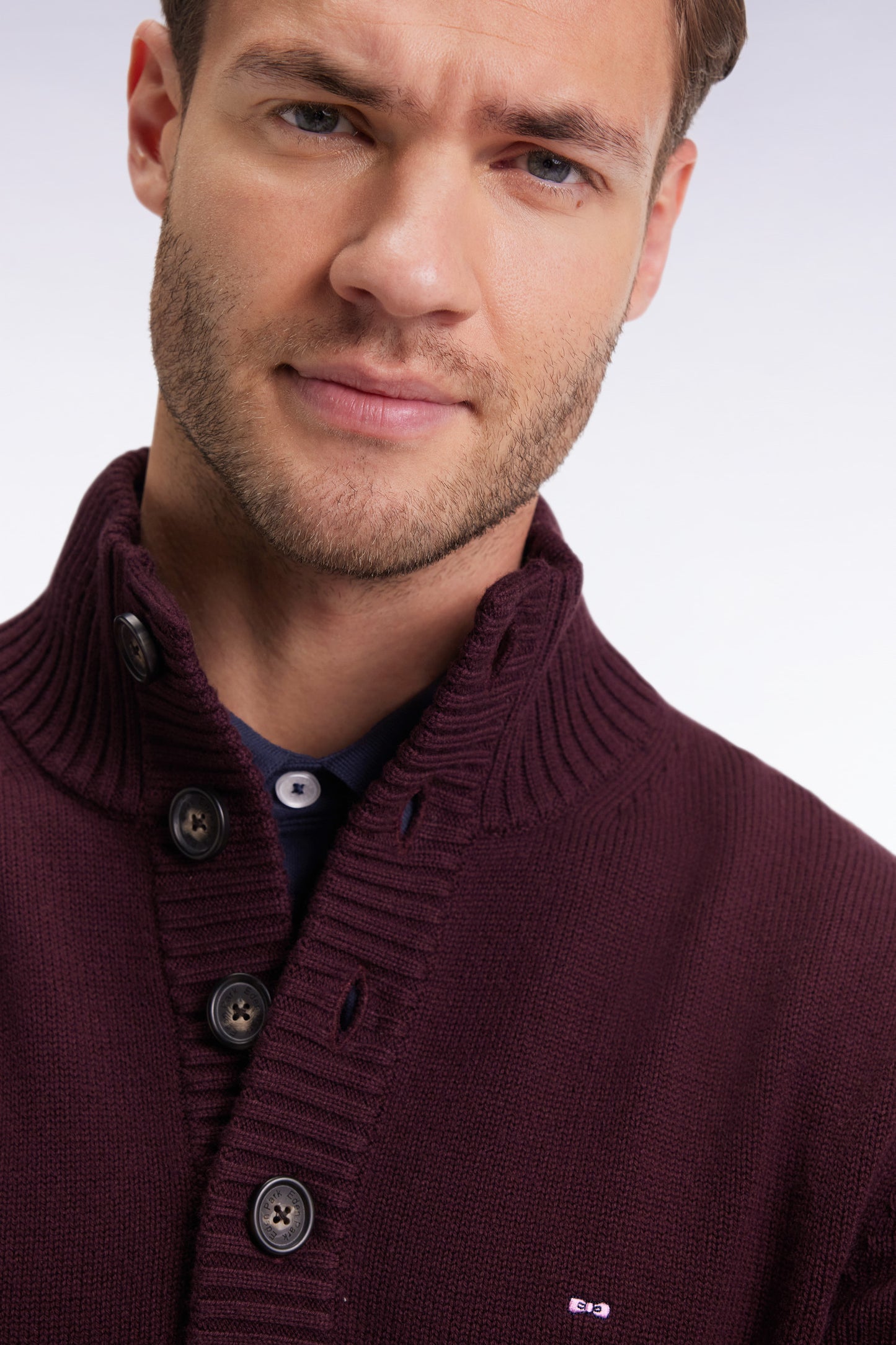 Chunky high-neck sweater in burgundy wool and cotton