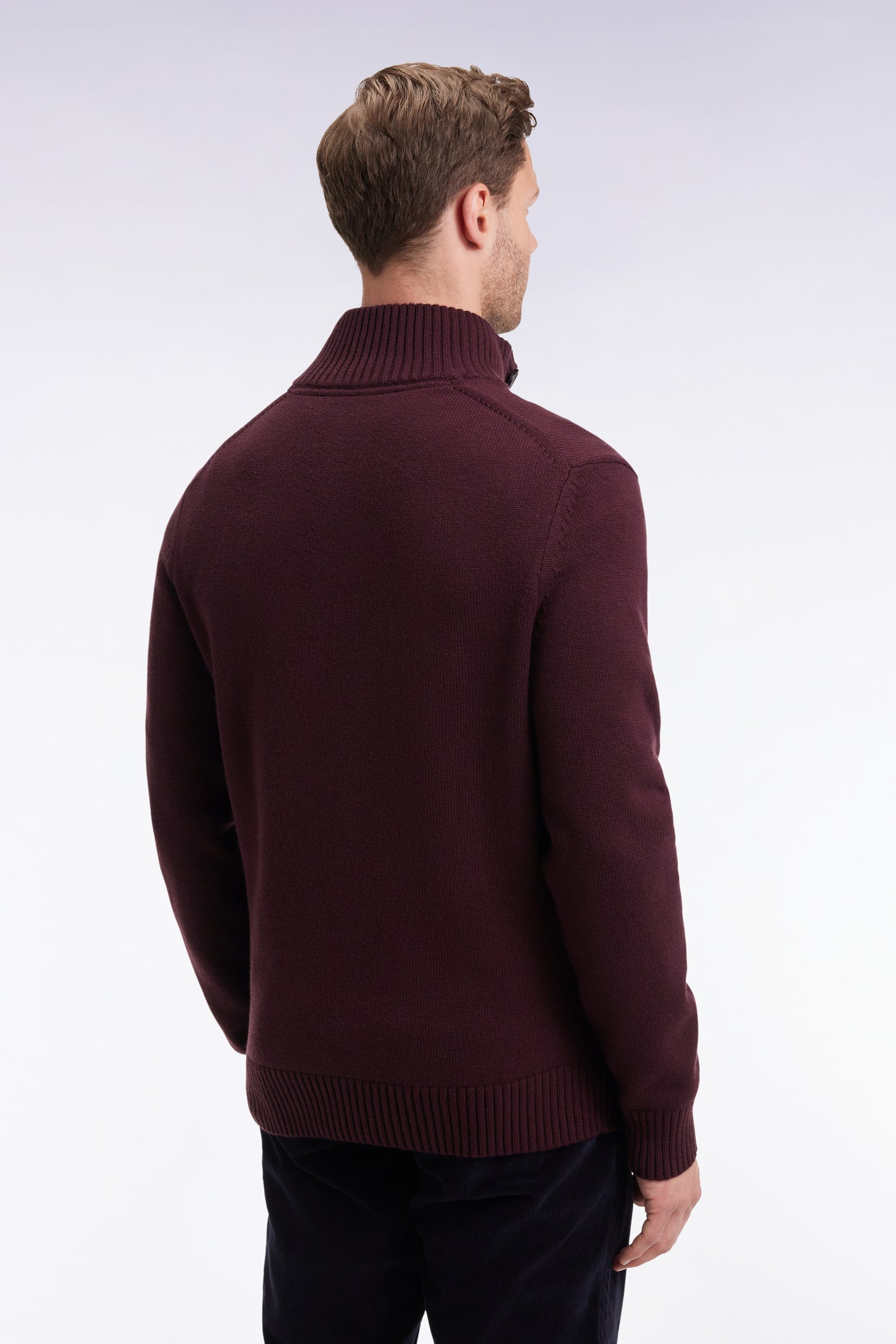 Chunky high-neck sweater in burgundy wool and cotton