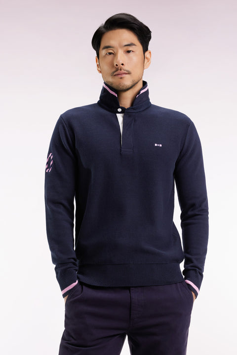 Pull col maillot en coton marine broderie 10 - Image 1