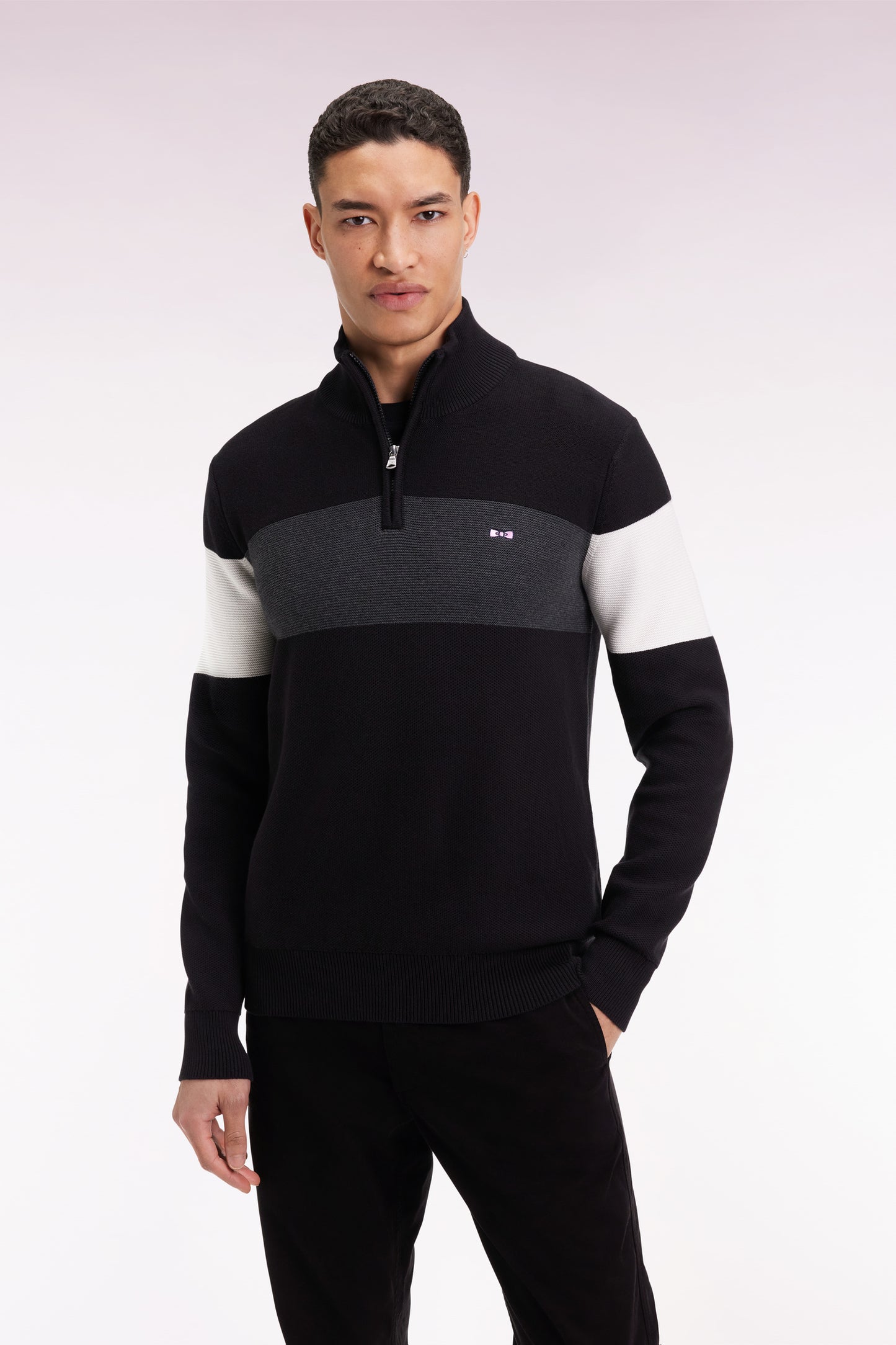 Black cotton trucker-neck sweater with back embroidery