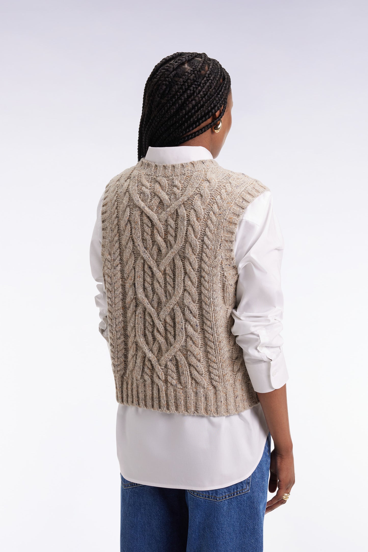 Pull à torsades sans manches en laine vierge mélangée beige coupe Relaxed