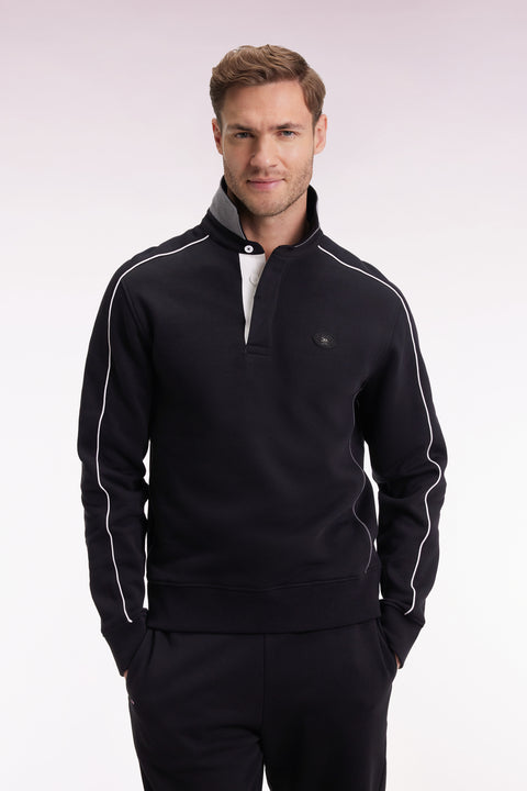 Sweatshirt with jersey collar in black brushed fleece - Image 1