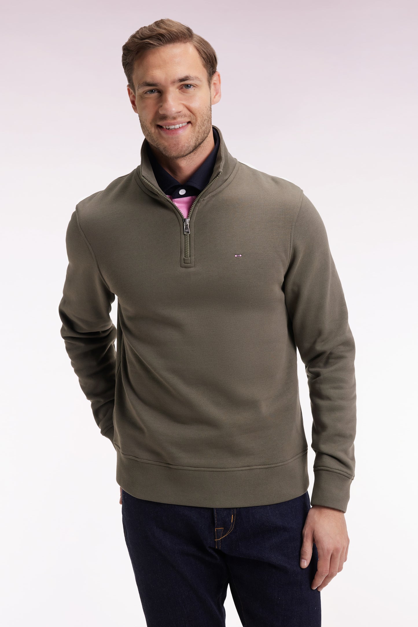 Khaki cotton fleece stand-up collar zip-up sweatshirt - CANCELLED