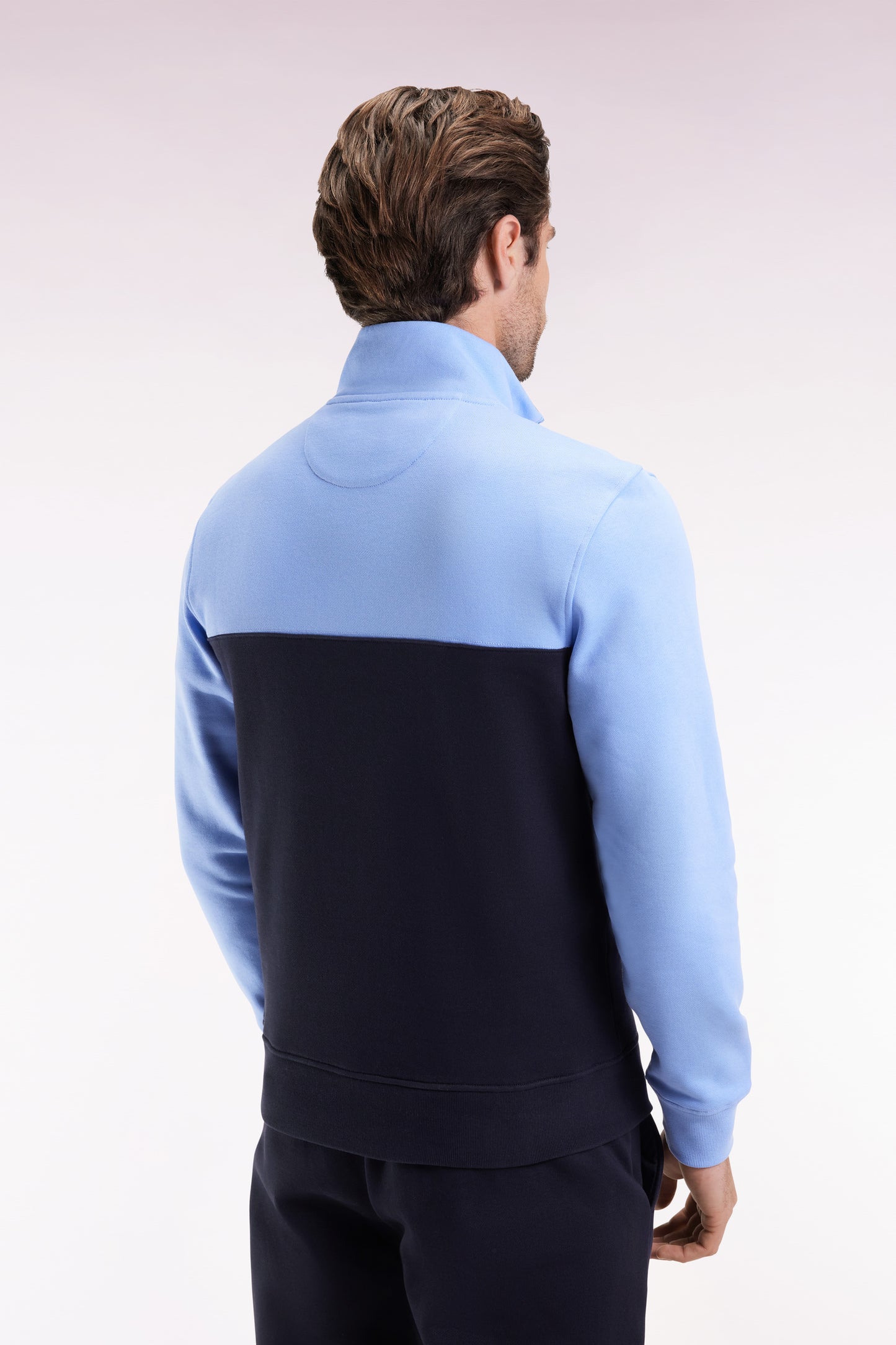 Two-tone sky fleece trucker-neck sweatshirt