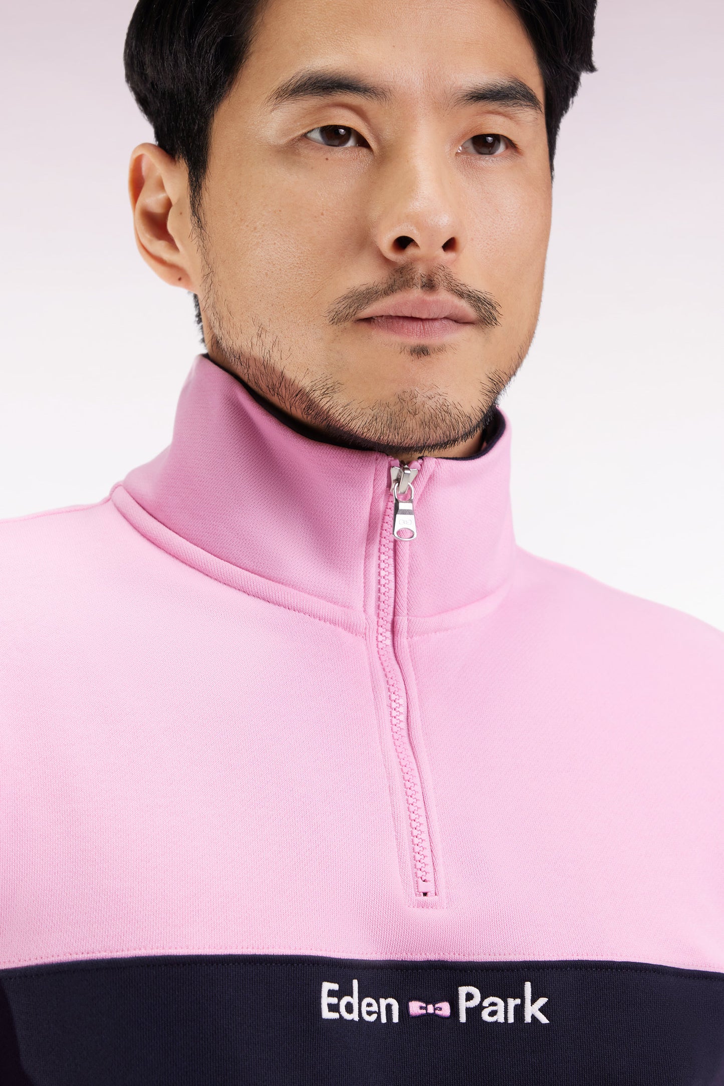 Two-tone pink fleece trucker-neck sweatshirt