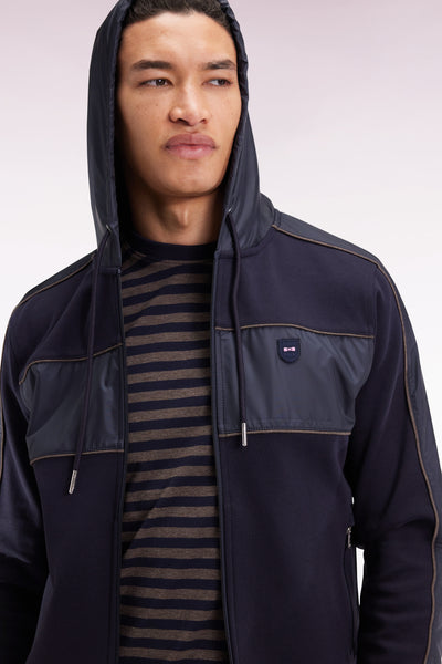 Zip-up hooded sweatshirt in navy and beige fleece and nylon
