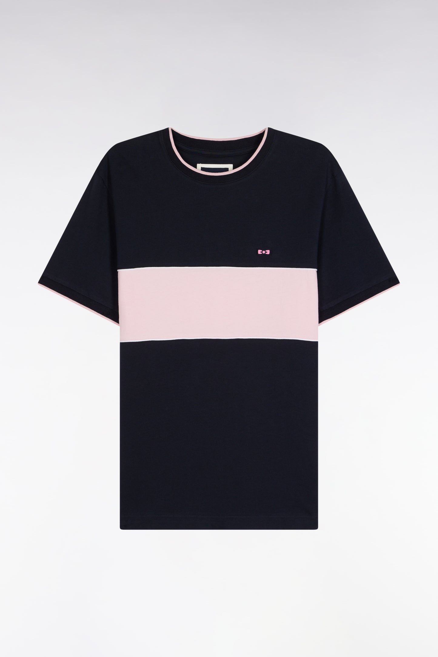 Two-tone short-sleeved T-shirt in navy and pink cotton