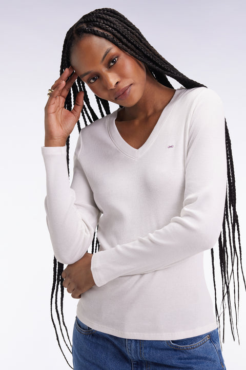T-shirt à manches longues en coton Pima côtelé blanc coupe slim - Image 3