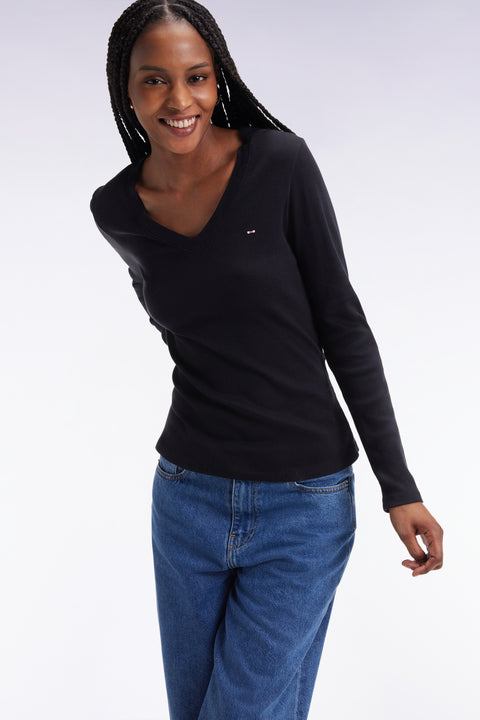 T-shirt à manches longues en coton Pima côtelé noir coupe slim - Image 3