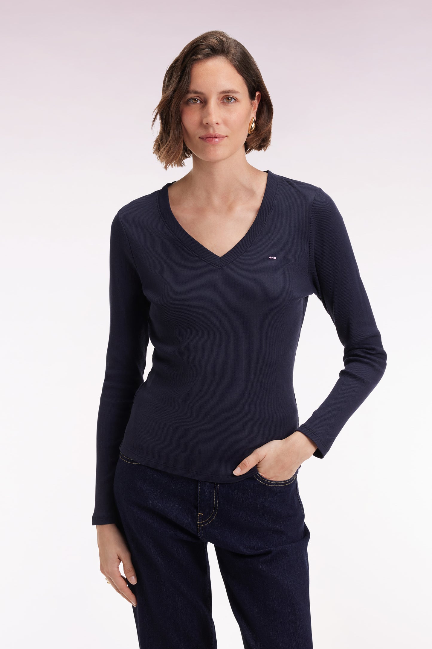 T-shirt à manches longues en coton Pima côtelé marine coupe slim