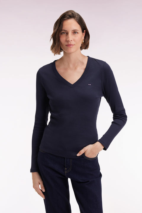 T-shirt à manches longues en coton Pima côtelé marine coupe slim - Image 1