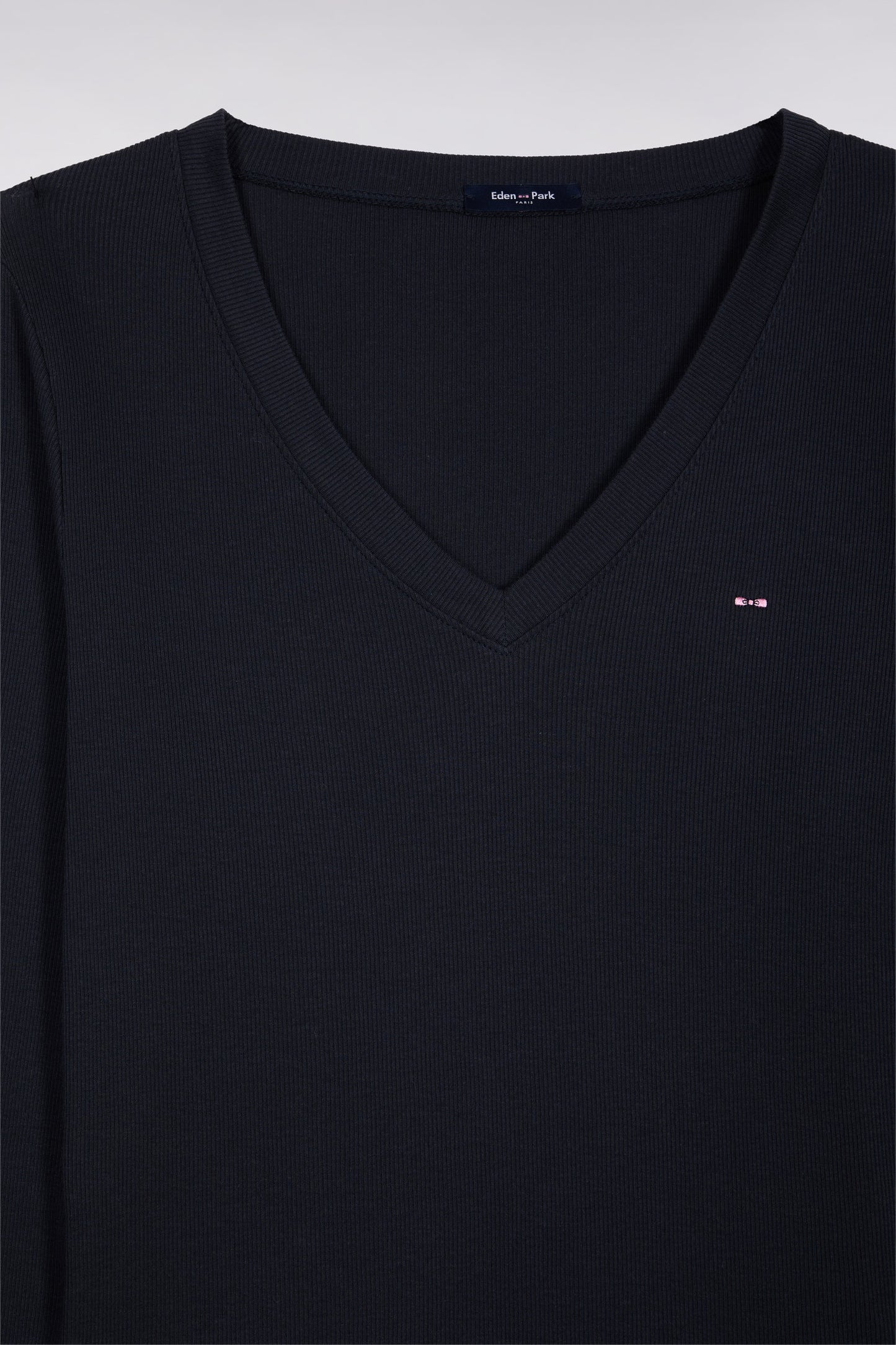 T-shirt à manches longues en coton Pima côtelé marine coupe slim