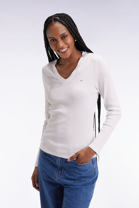T-shirt à manches longues en coton Pima côtelé blanc coupe slim - Image 1