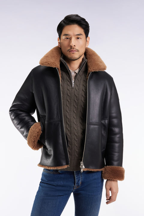 Black woolly jacket with brown collar - Image 1