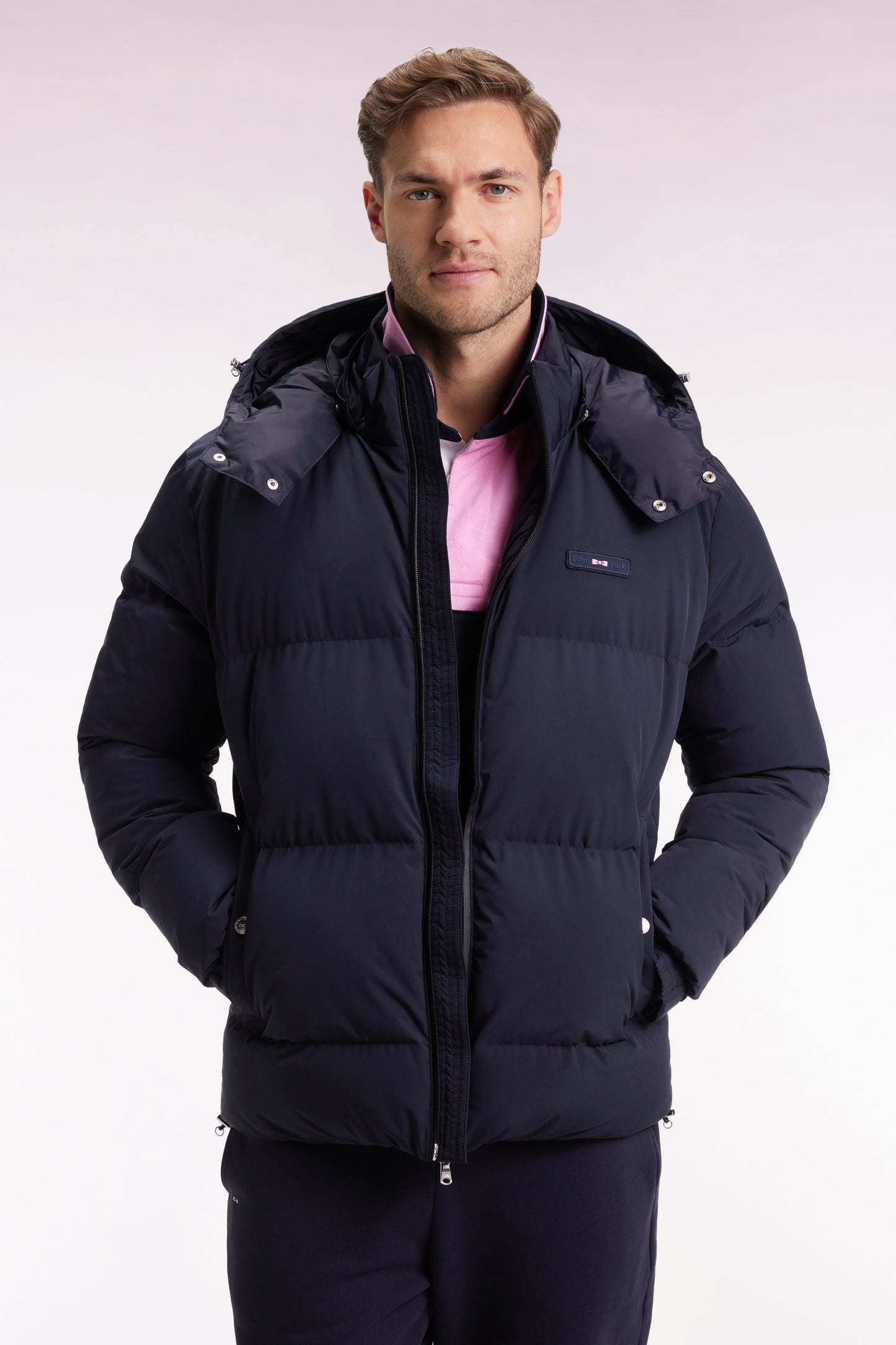 Navy quilted nylon down jacket with removable hood
