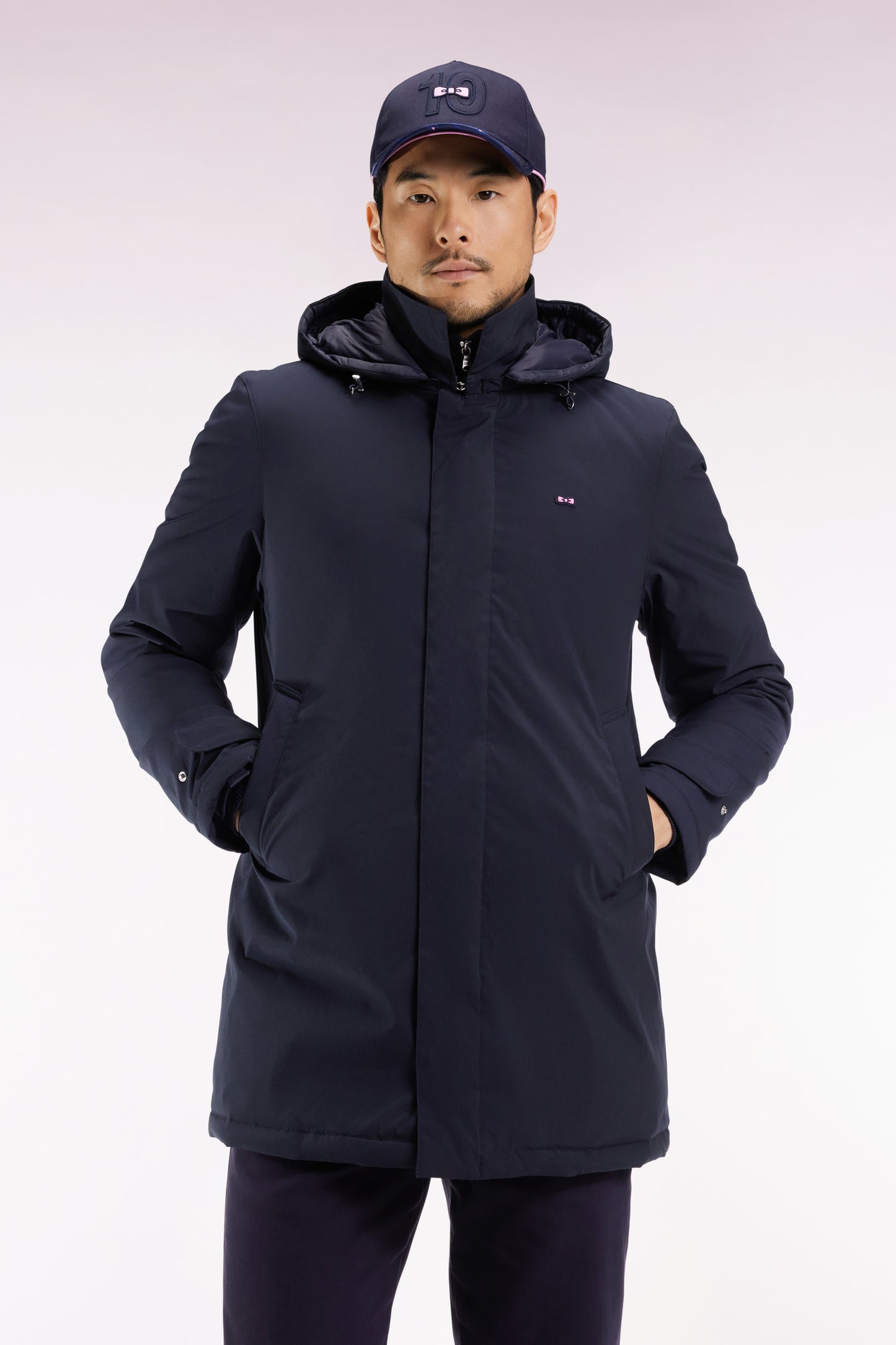 Long navy nylon raincoat with removable hood