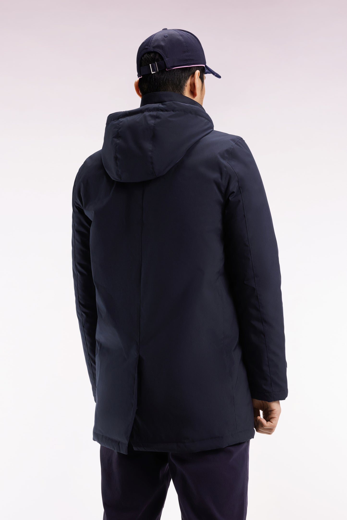 Long navy nylon raincoat with removable hood