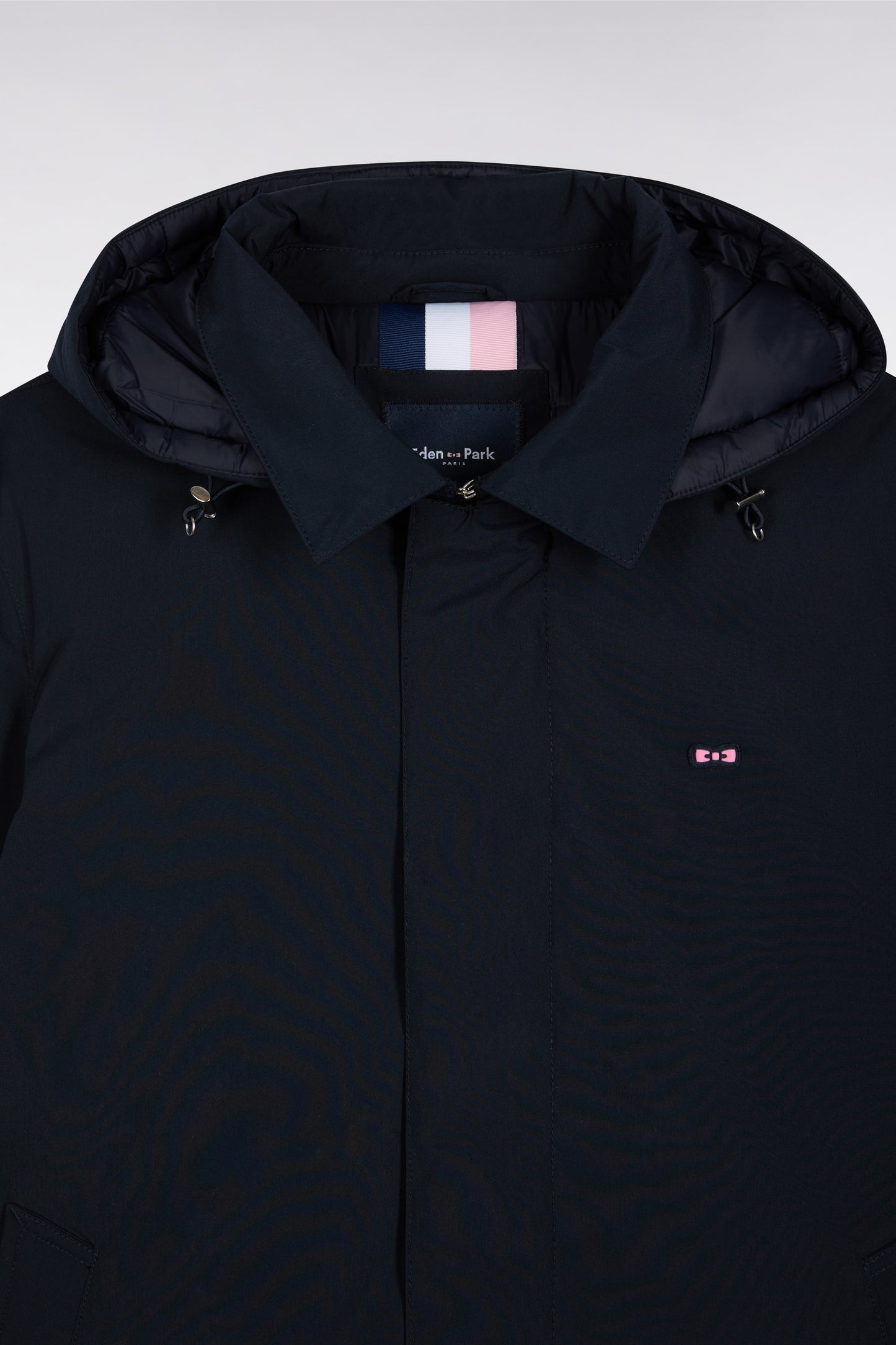 Long navy nylon raincoat with removable hood