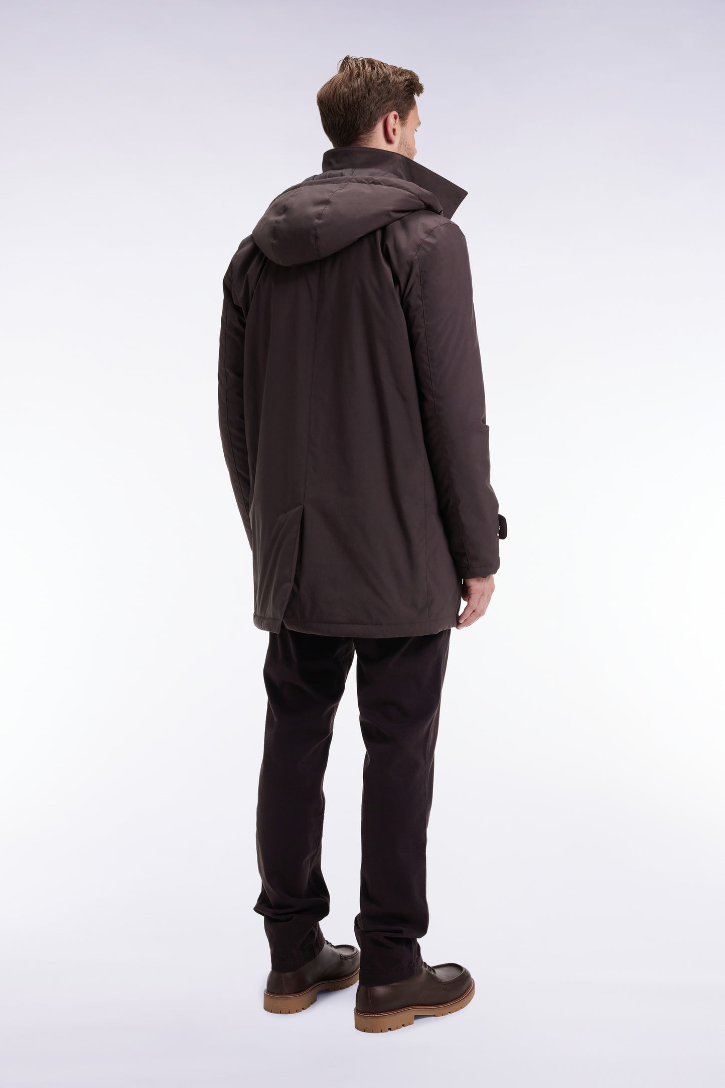 Long brown nylon raincoat with removable hood