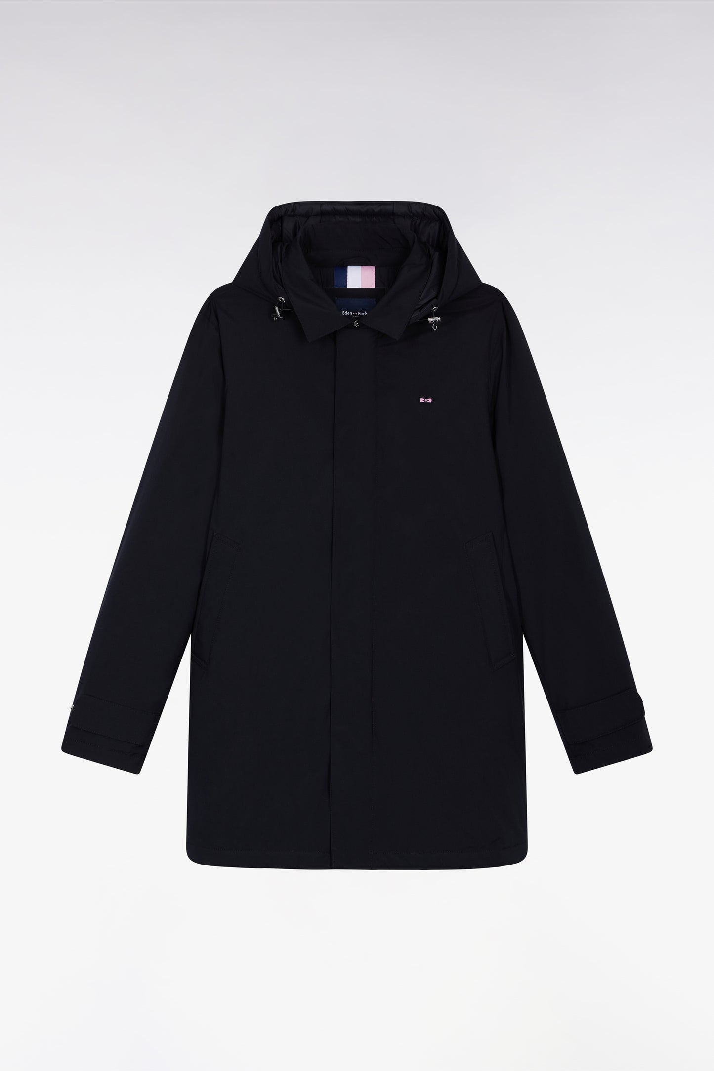 Long black nylon raincoat with removable hood