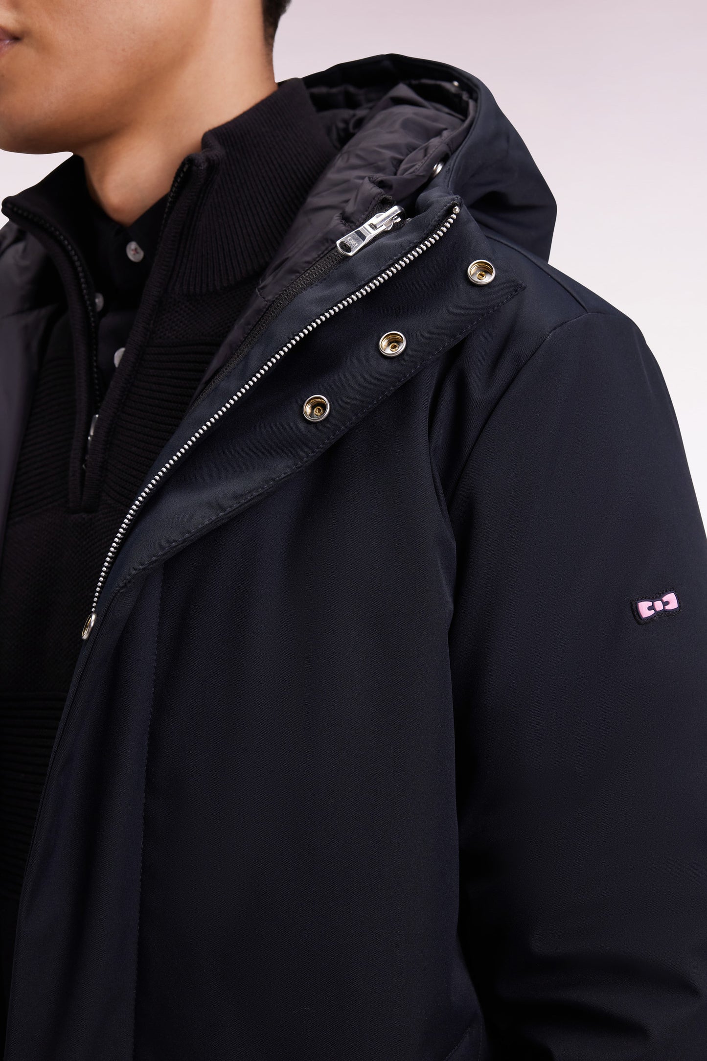 Long 2-in-1 parka in black nylon with integrated hood