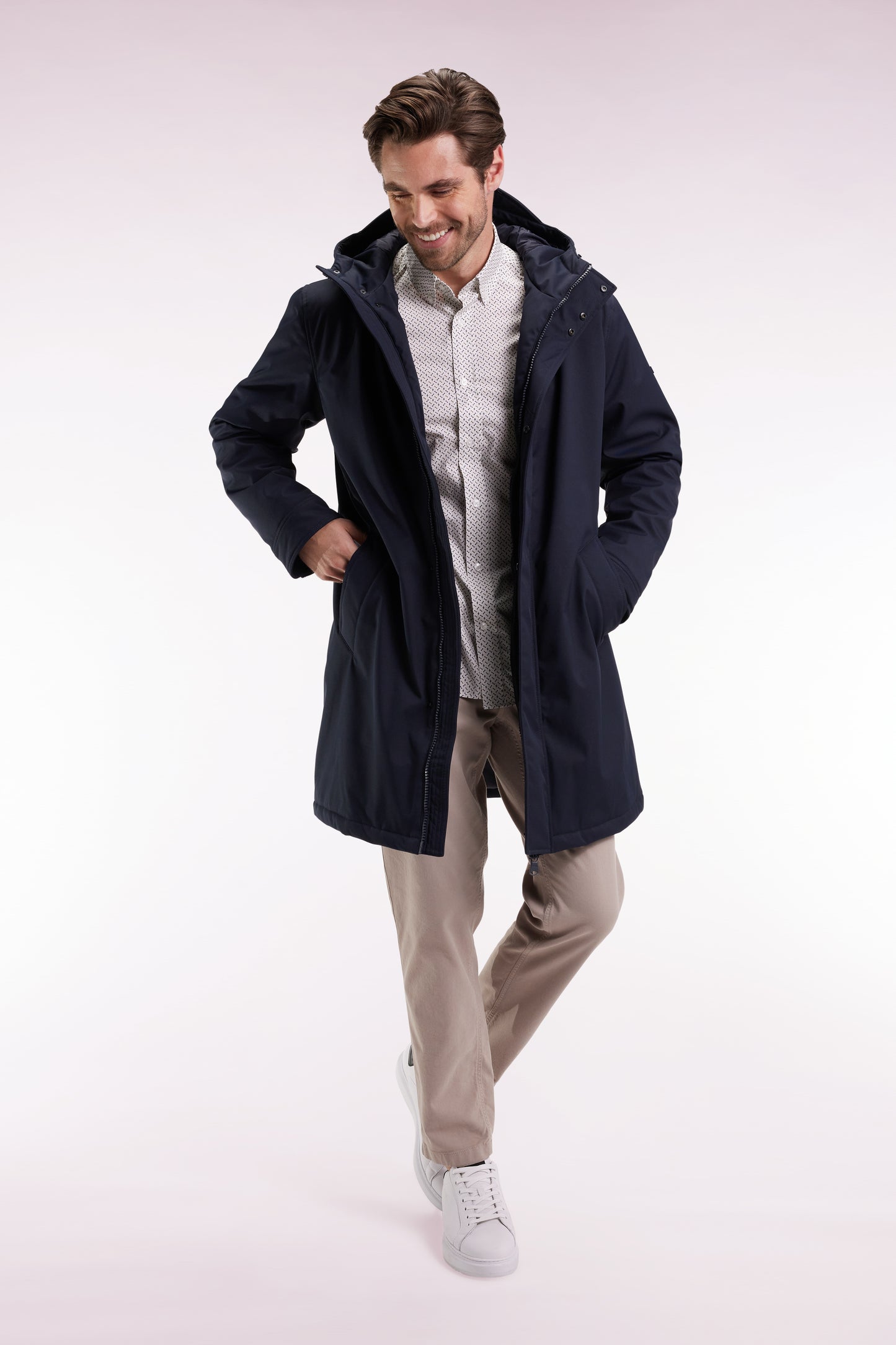 Long navy nylon parka with integrated hood