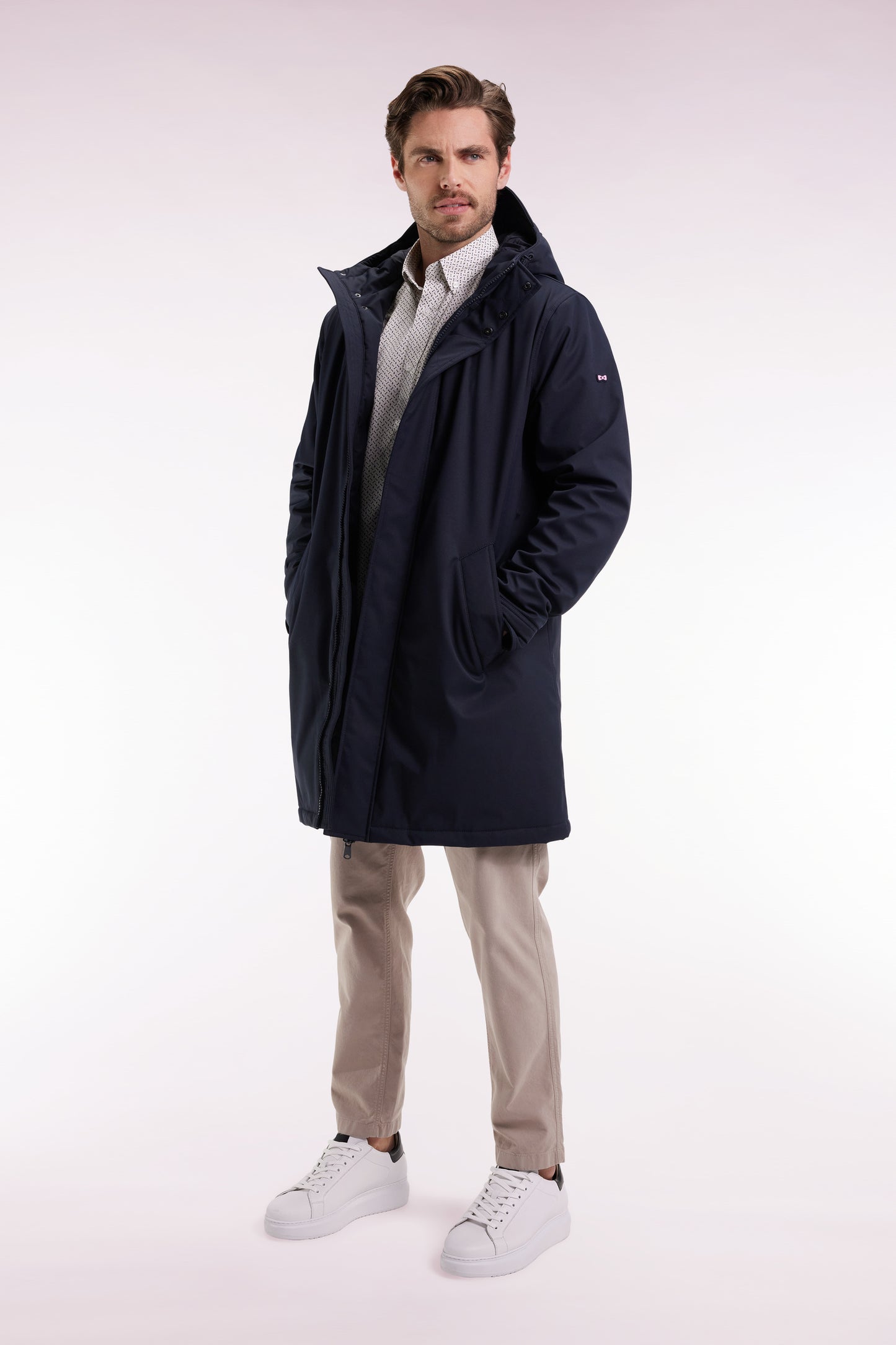 Long navy nylon parka with integrated hood