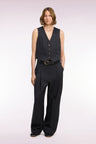 Straight cut black striped stretch wool tailored trousers