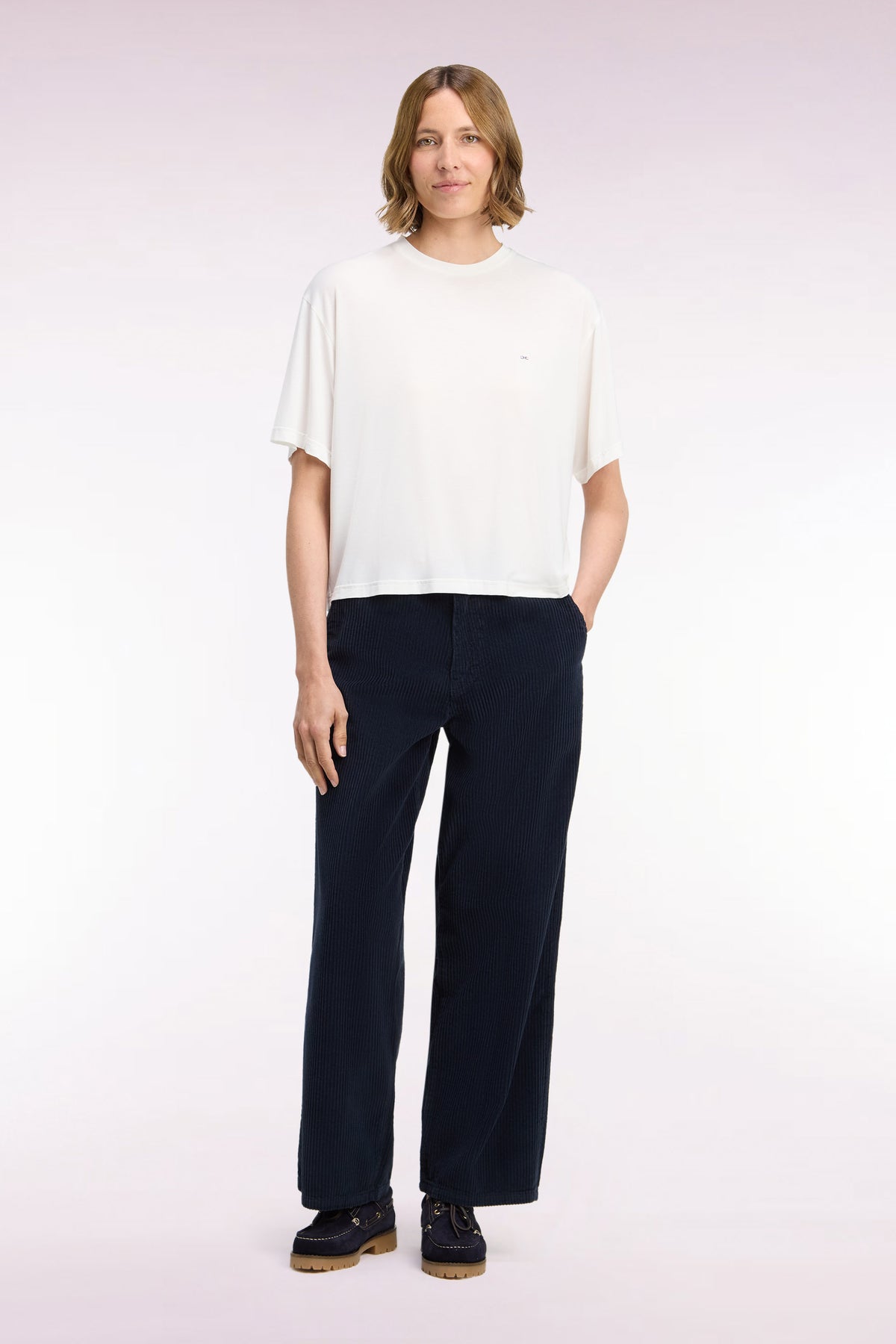 Straight-cut navy corduroy pants