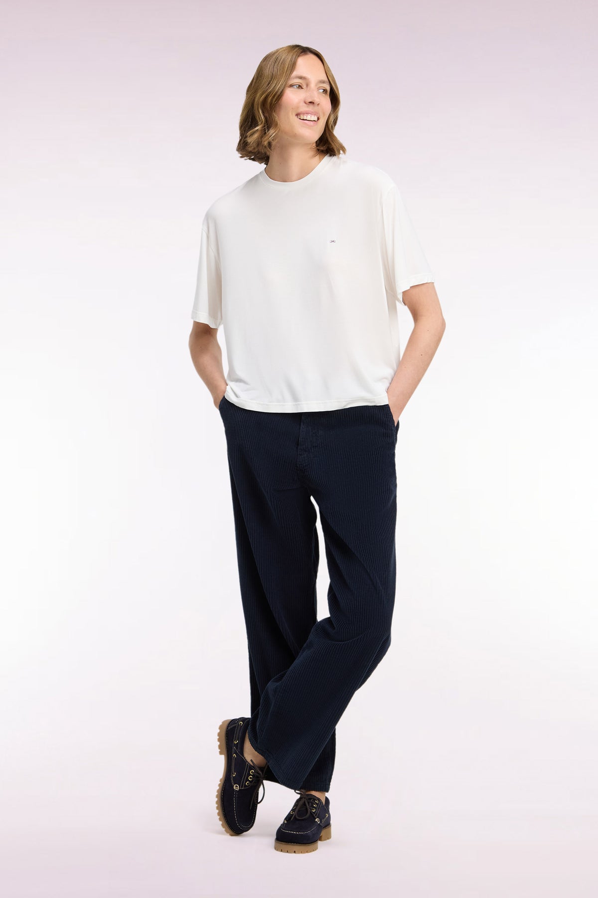 Straight-cut navy corduroy pants