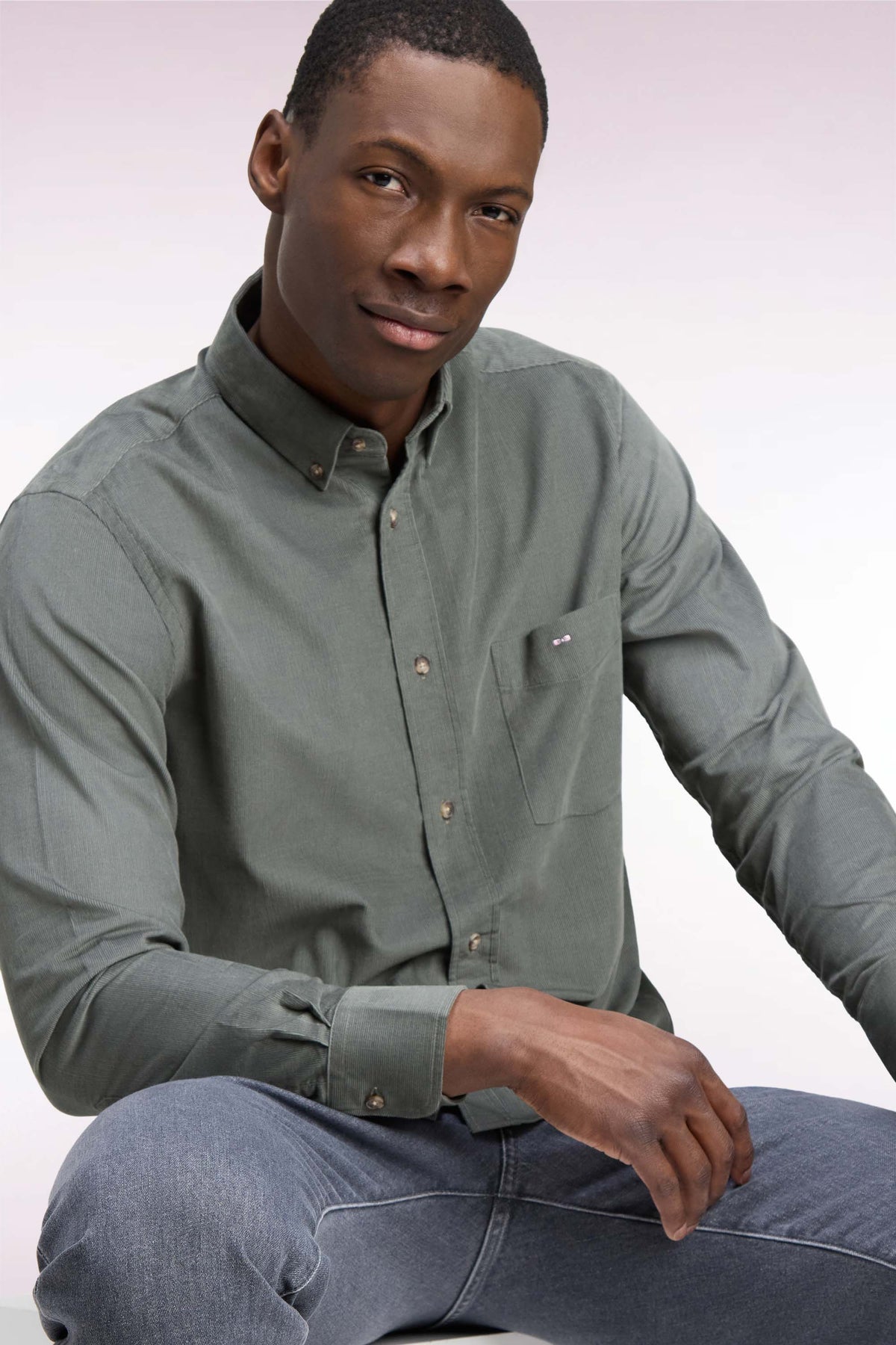 Olive green ribbed cotton straight fit shirt