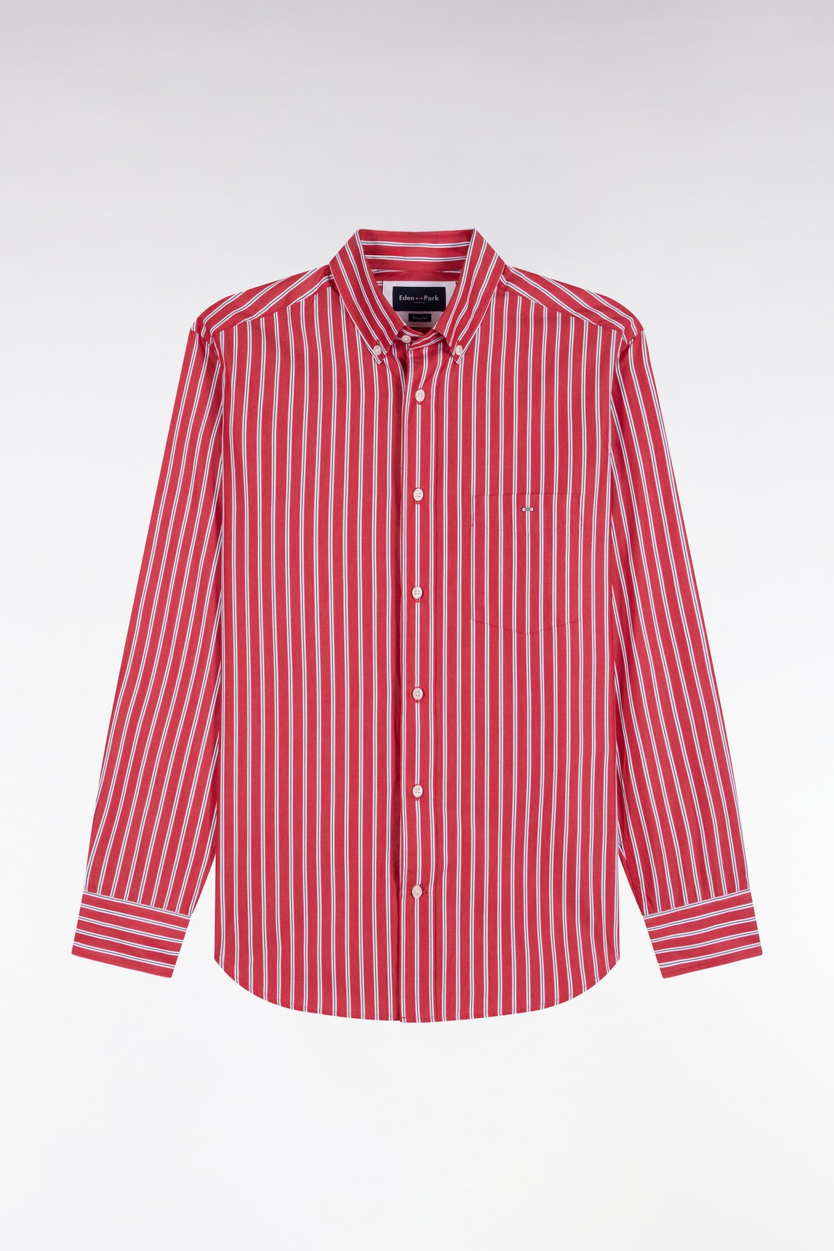 Red cotton shirt with ecru stripes, straight cut