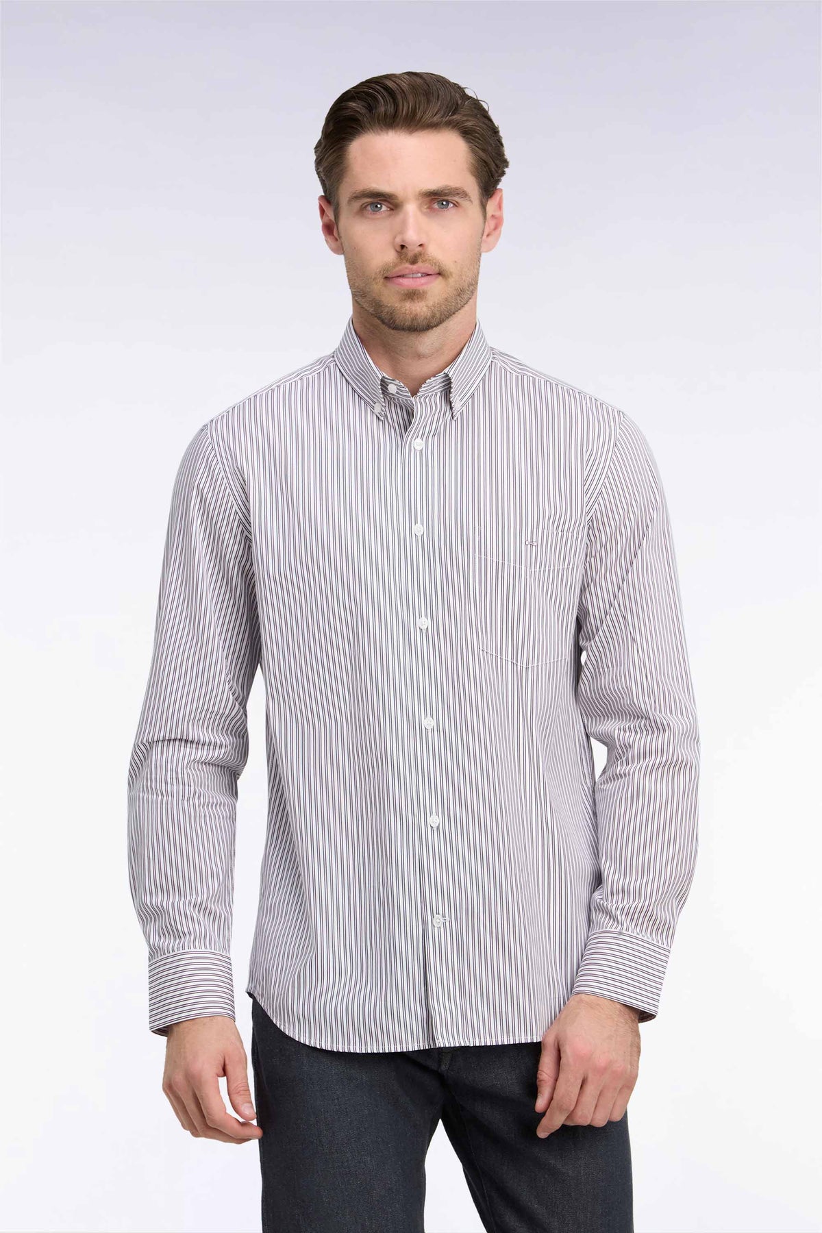 Straight-cut navy and pink striped cotton shirt