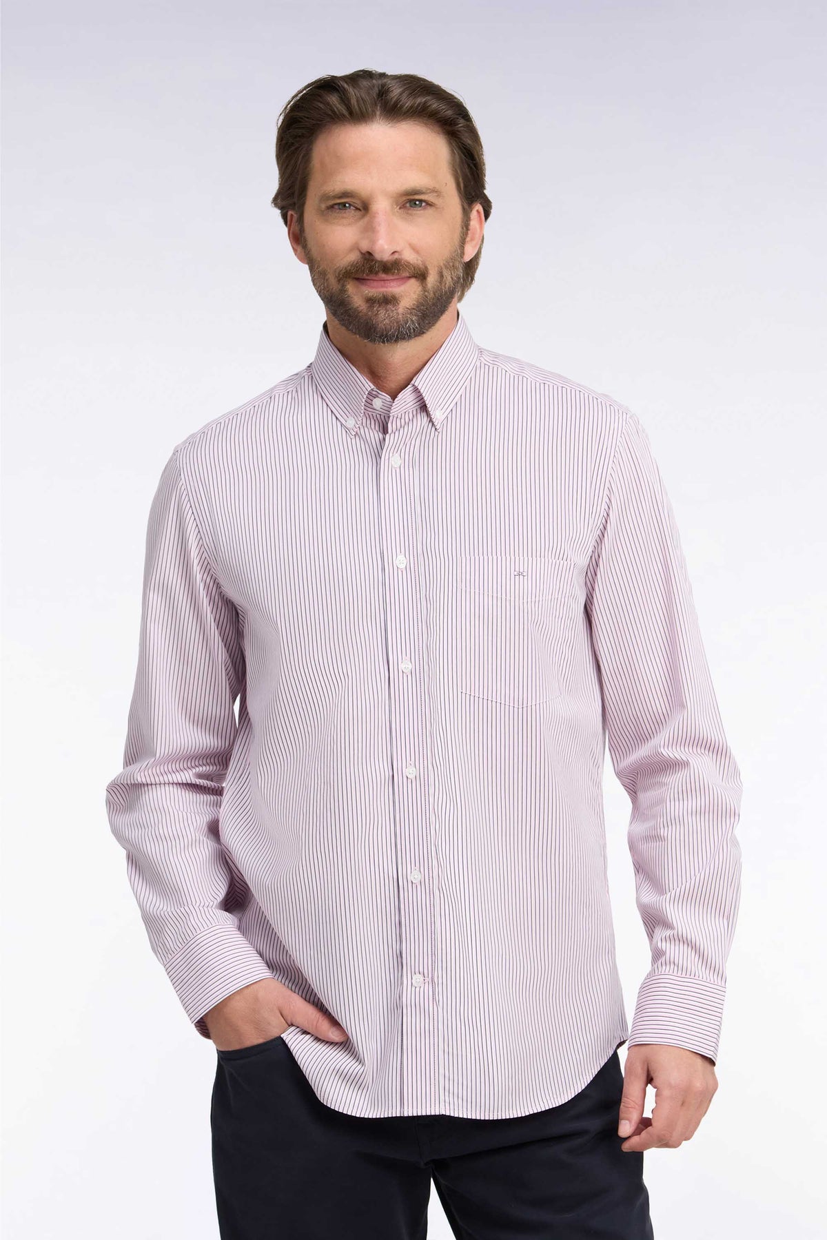 Straight-fit pink striped cotton shirt