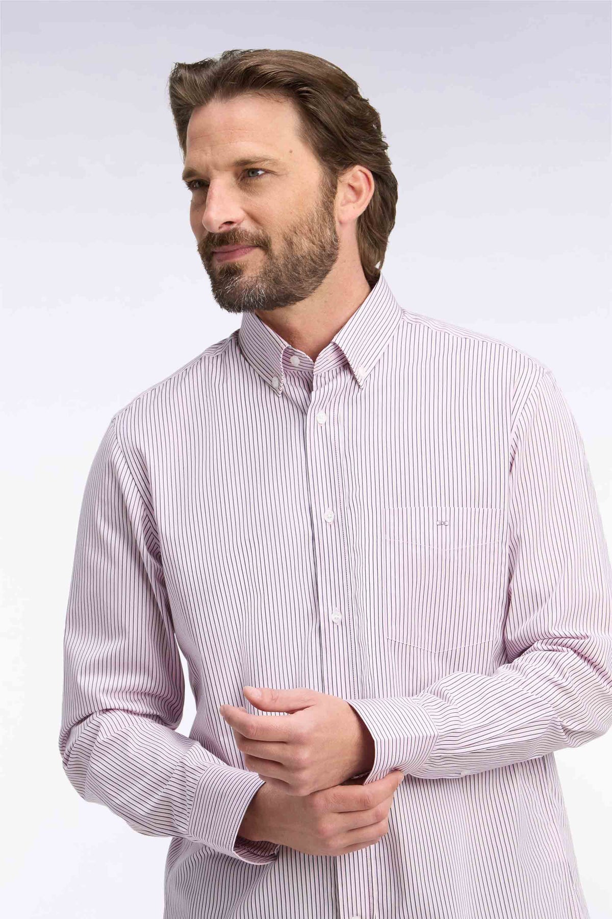 Straight-fit pink striped cotton shirt