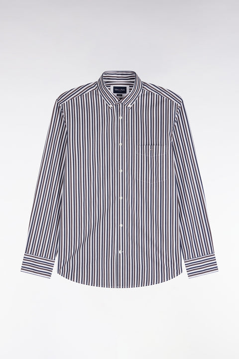 Straight-cut brown striped cotton poplin shirt - Image 1