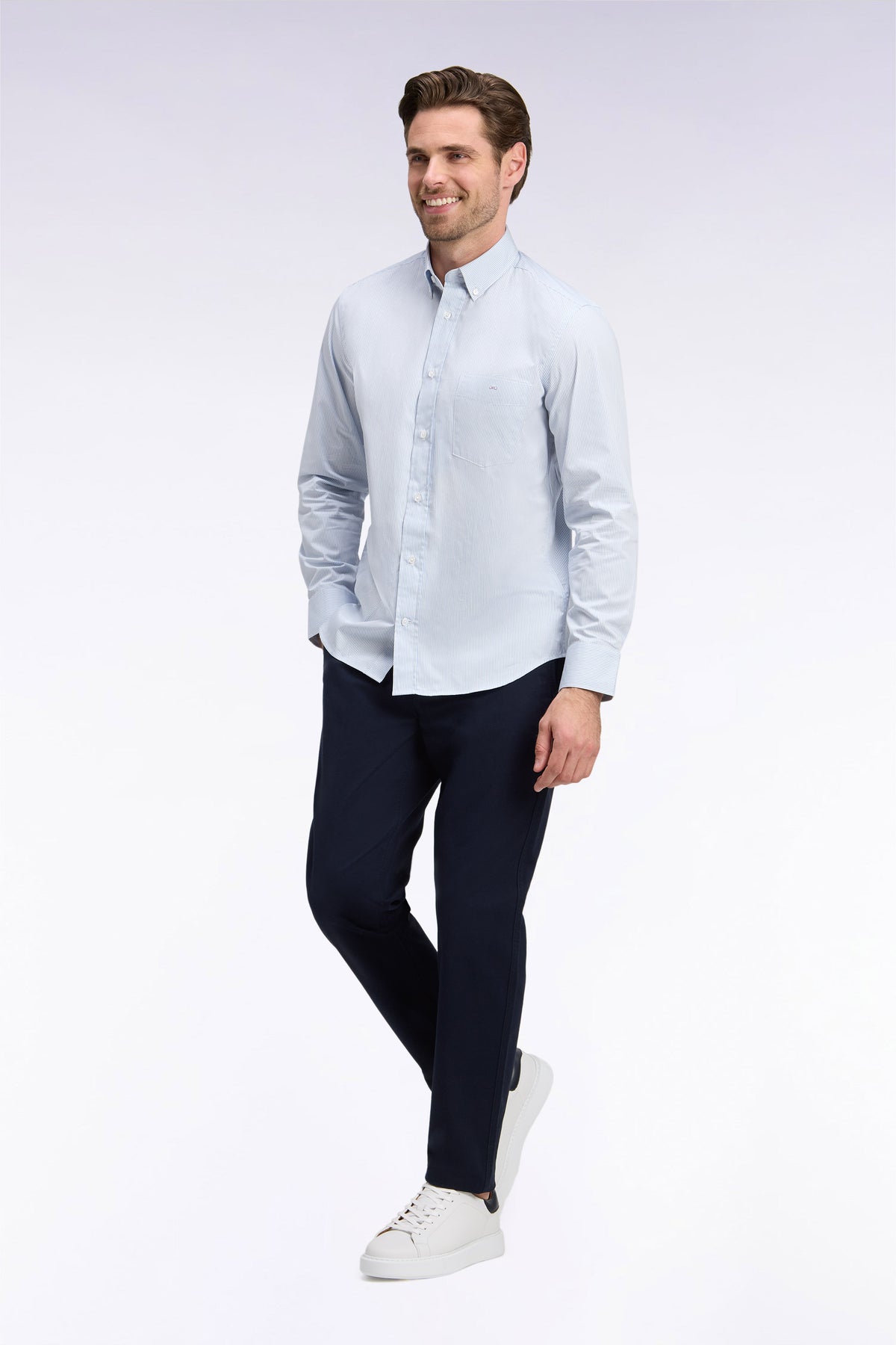 White cotton shirt with fine sky stripes, straight cut
