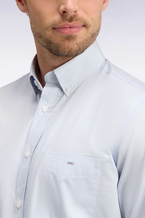 White cotton shirt with fine sky stripes, straight cut - Image 3