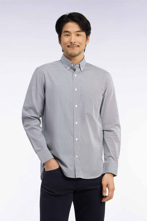 White cotton shirt with fine navy stripes, straight cut - Image 3
