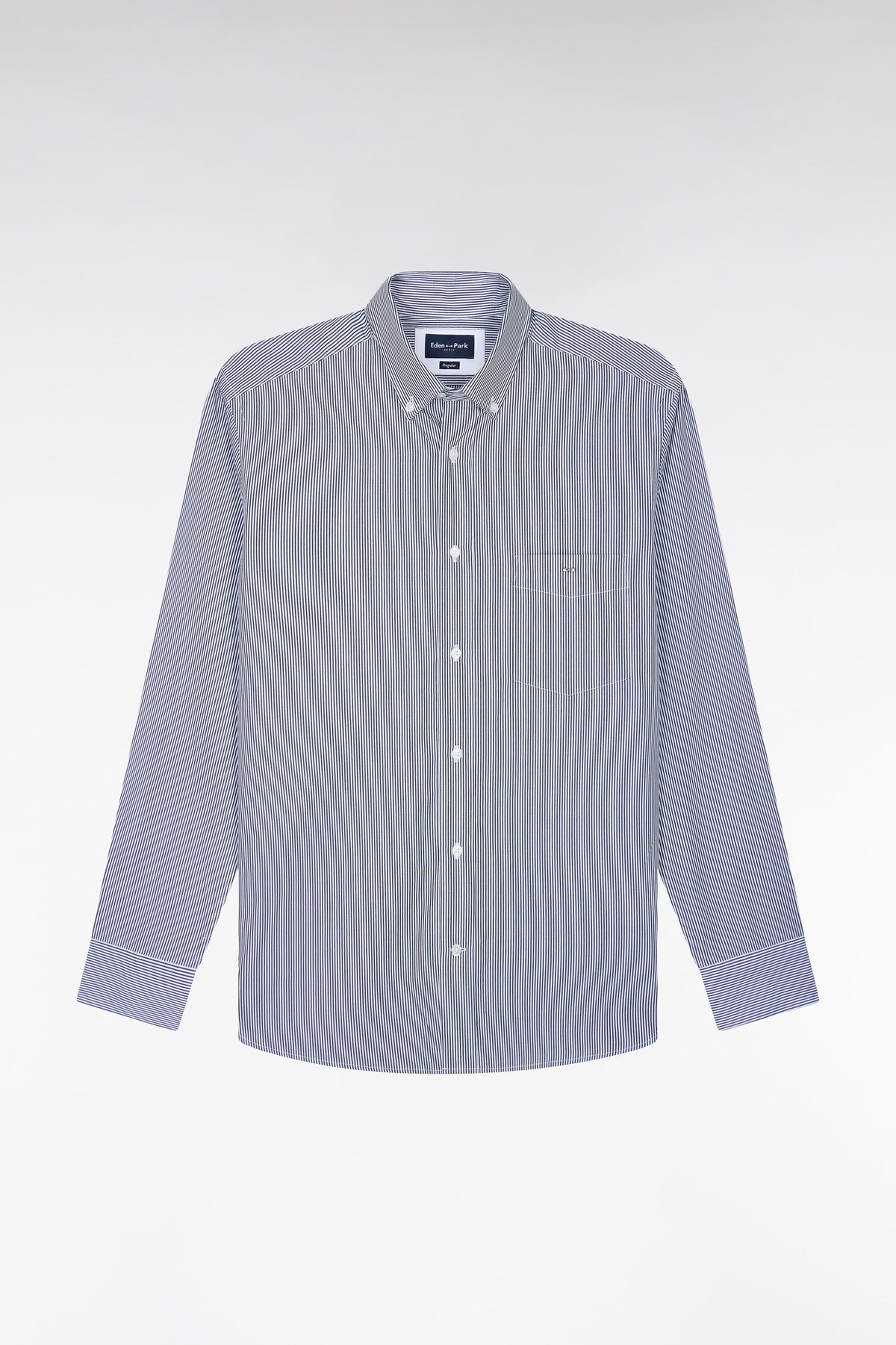 Chemise en coton blanc à fines rayures marine coupe droite